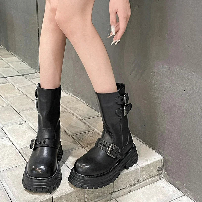 Ingvn  Winter Women Motorcycle Boots Fashion Belt Buckle Short Booties Ladies Elegant Thick Heels Botas Mujer