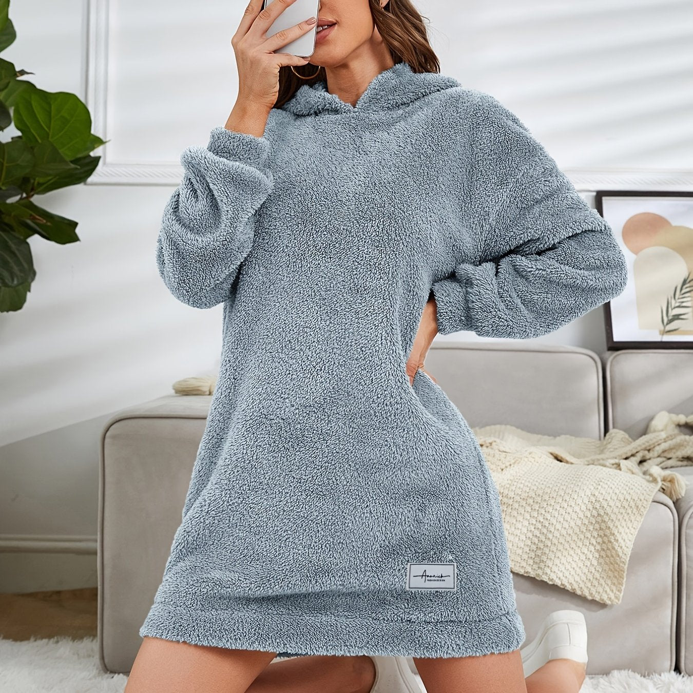 Comfortable All-Season Hooded Tunic Dress - Women's Casual Polyester, Warm and Machine-Washable, Stylish Solid Color for Easy Matching