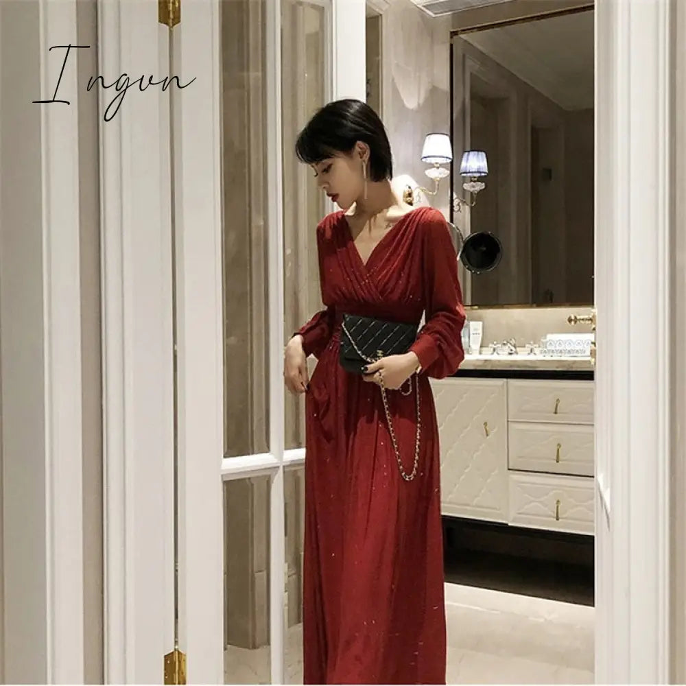 Ingvn - Vintage Glitter Long Maxi Dress Women Spring High Waist Long Sleeve Elegant Boho Dress Shiny Party Dress Plus Size Sexy