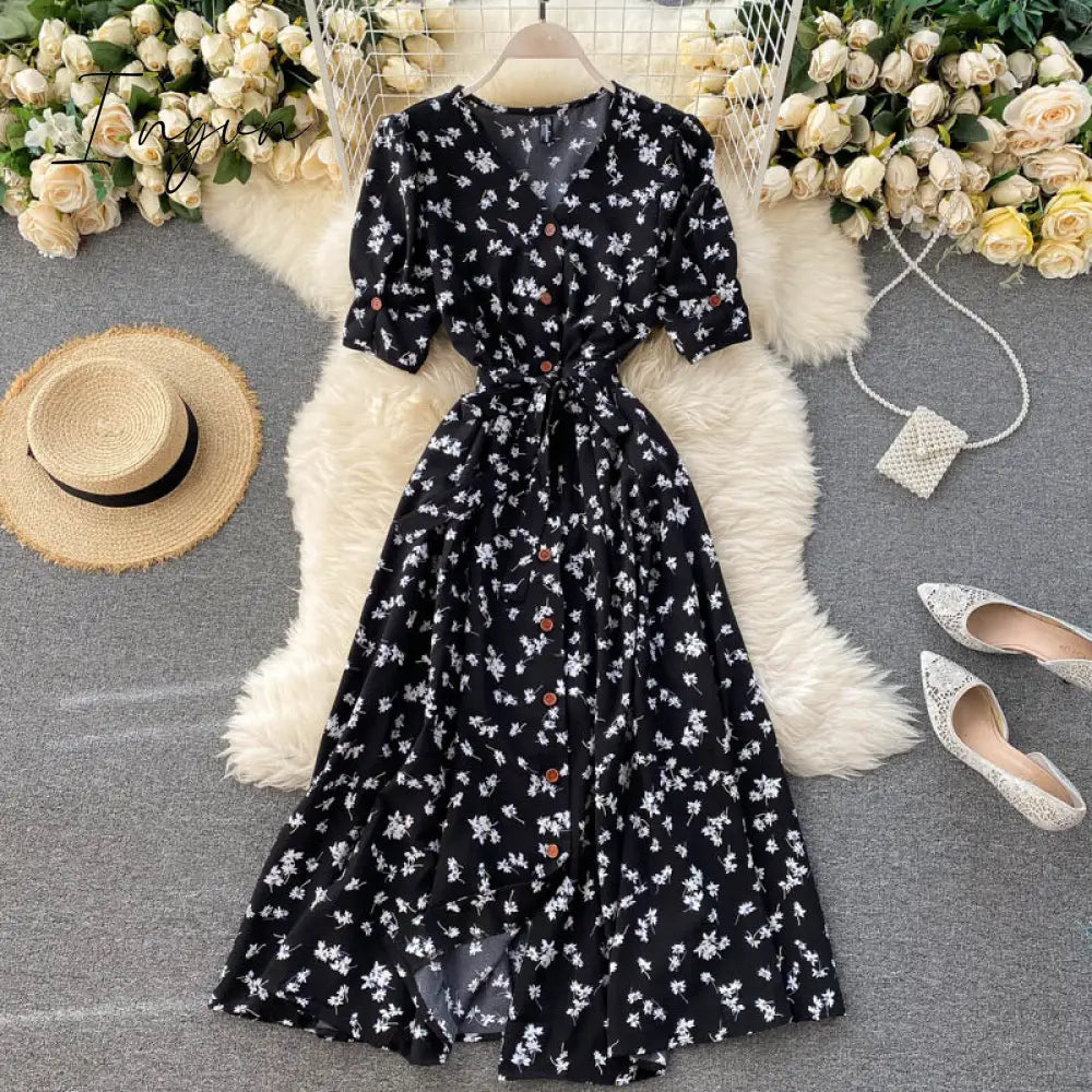 Ingvn - beach Red elegant sexy Dress women Summer Autumn V-neck polka dot midi dress waist split dress vestidos de fiesta clothes