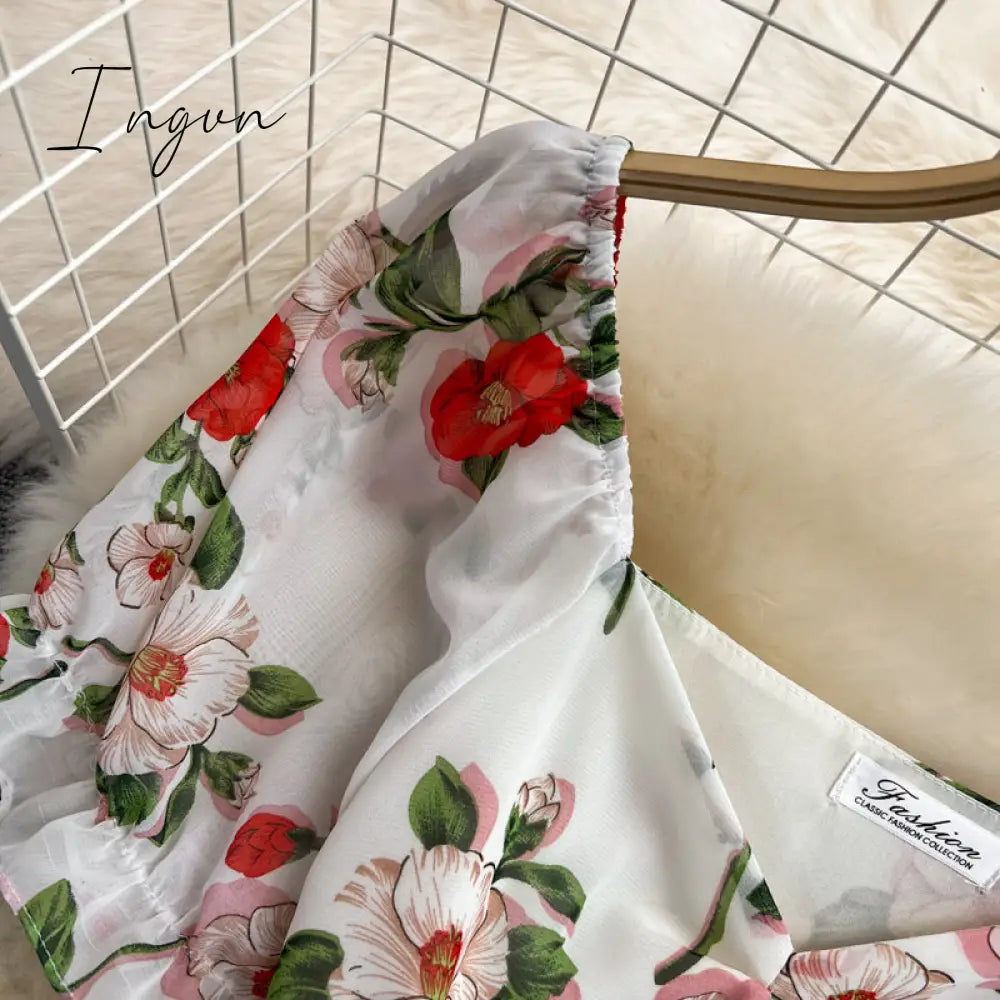 Ingvn - Summer Outfits Ladies French Retro V-neck Floral Women Dress Elegant Draped Flowers Short Puff Sleeves Slim Fairy Mid-calf A-line Dress
