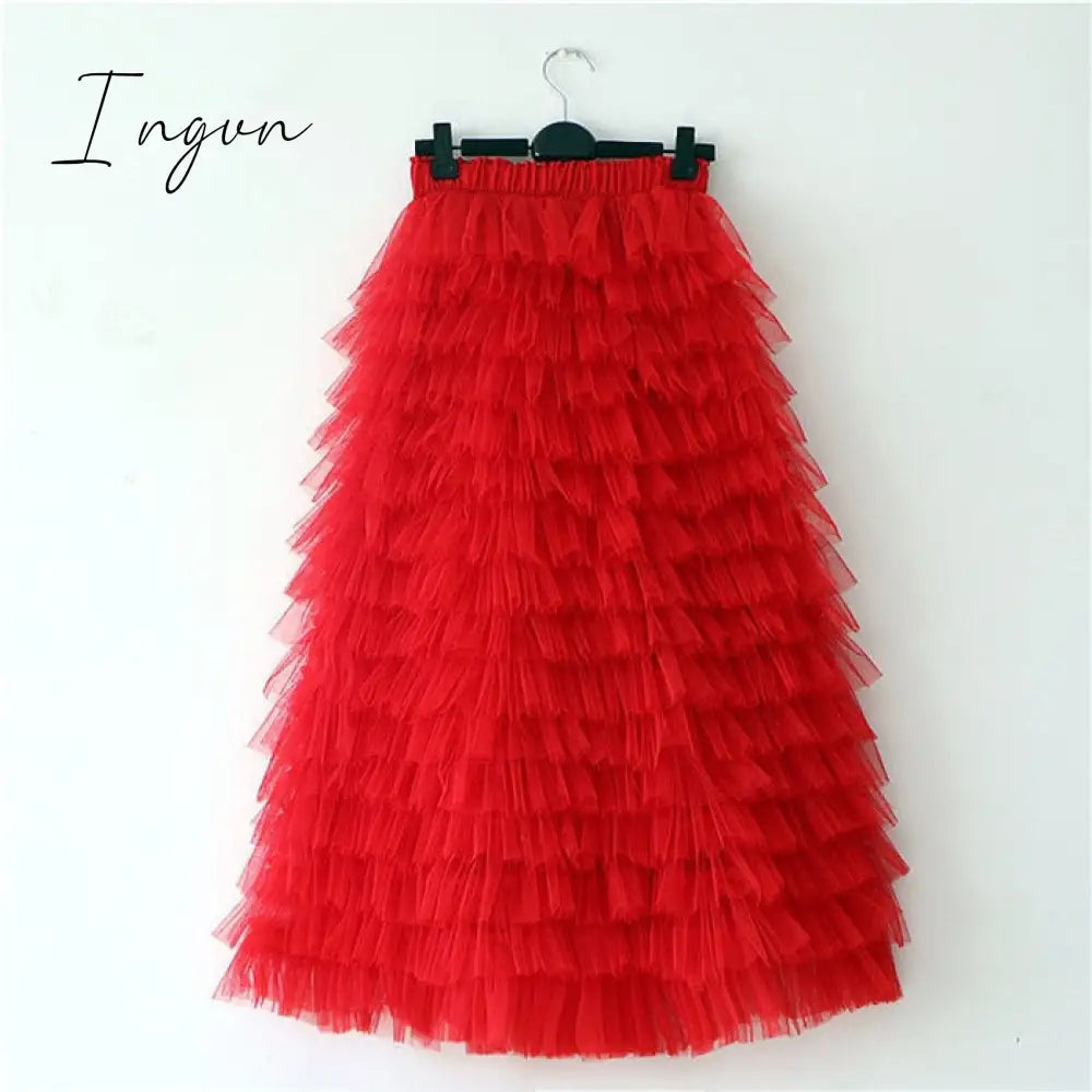 Ingvn - jupe femme Spring Party Skirt Elastic High Waist Long Tulle Skirt Women Multilayer ruffles Pink Mesh Tutu Skirt Ladies