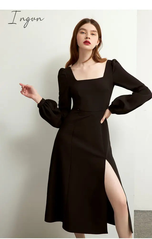 Ingvn - Black Retro Split Dress Women Elegant Midi Designer Dress Female Long Sleeve Hepburn Style Chiffon Vintage Dress Fall  Women