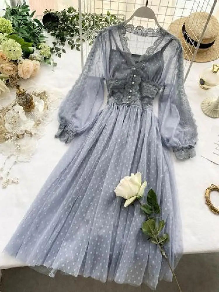 Ingvn - Women Mesh Lace Crochet Dresses V-neck Elegant Prom Puff Sleeves Dress Women Summer Dot Prom Party Sexy Slim Swing Long Dress