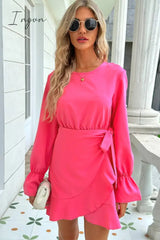 Ingvn - Round Neck Flounce Sleeve Ruffle Hem Mini Dress