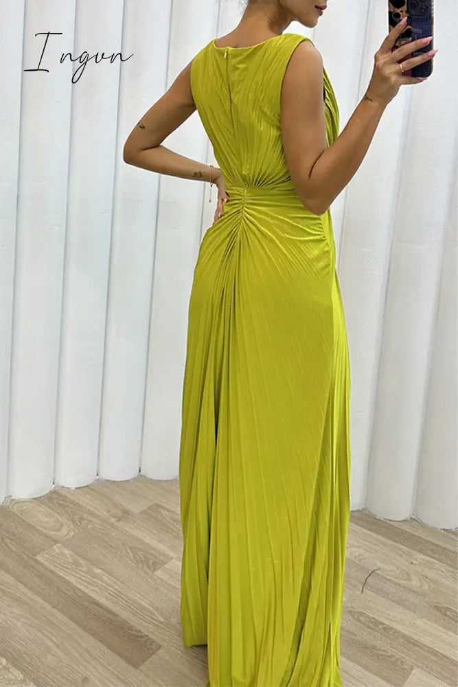 Ingvn - Elegant Formal Solid Slit Fold O Neck Evening Dress Dresses