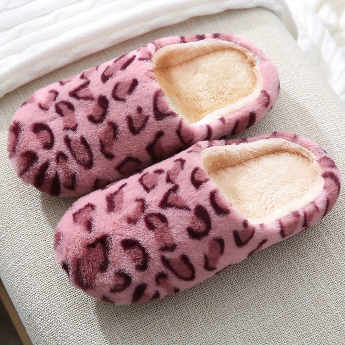 Cozy Leopard Print Womens Fluffy Slippers - Soft, Breathable, and Comfortable Fabric Upper and Insole - Anti-Slip Fabric Sole, Easy Slip-On Design for Indoor Use
