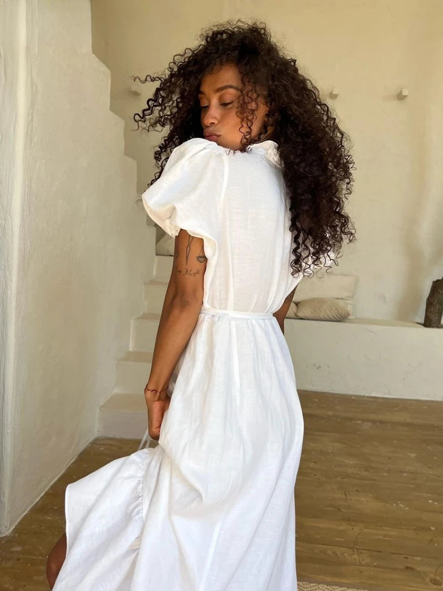 Ingvn  Summer Loose White Cotton 2 Piece Sets Women Outfit Fashion Short Sleeve Shirt  High Waist Pleated Long Skirts Set