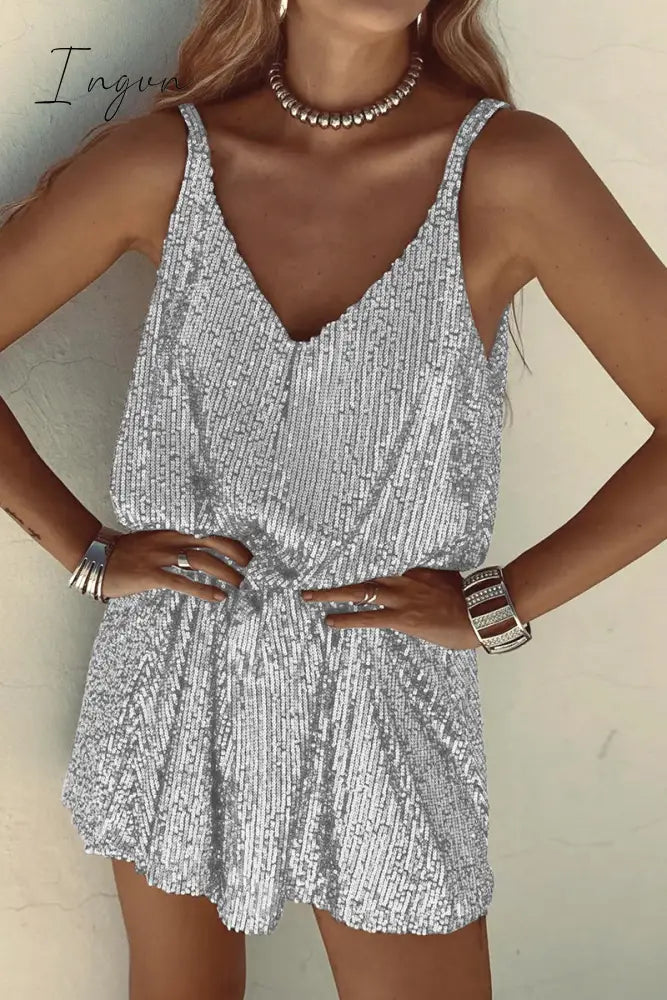 Ingvn - Sexy Solid Sequins V Neck Sling Dress Dresses