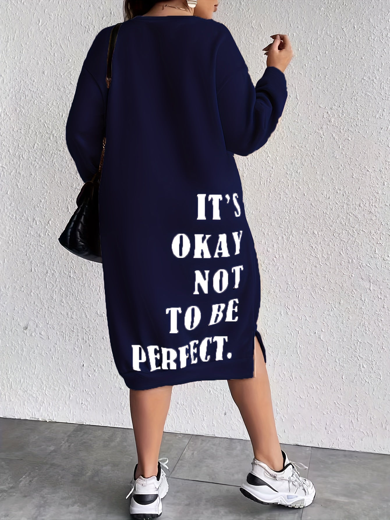 Midi Plus Size Casual Slogan Print Long Sleeve Round Neck Trapeze Sweatshirt Dress - Soft Medium Stretch Polyester Fabric, Loose Fit, Pullover Style, Machine Washable - Weekend Casual Wear for Fall Season