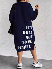 Midi Plus Size Casual Slogan Print Long Sleeve Round Neck Trapeze Sweatshirt Dress - Soft Medium Stretch Polyester Fabric, Loose Fit, Pullover Style, Machine Washable - Weekend Casual Wear for Fall Season