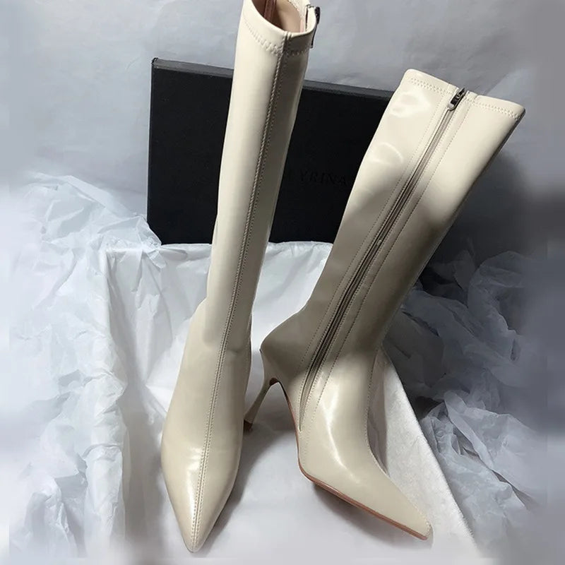 New Style Thin High Heel Women Boots Pointed Toe Women's High Tube Long Boots Zip Boots Mujer Solid Color Sexy Botas Mujer