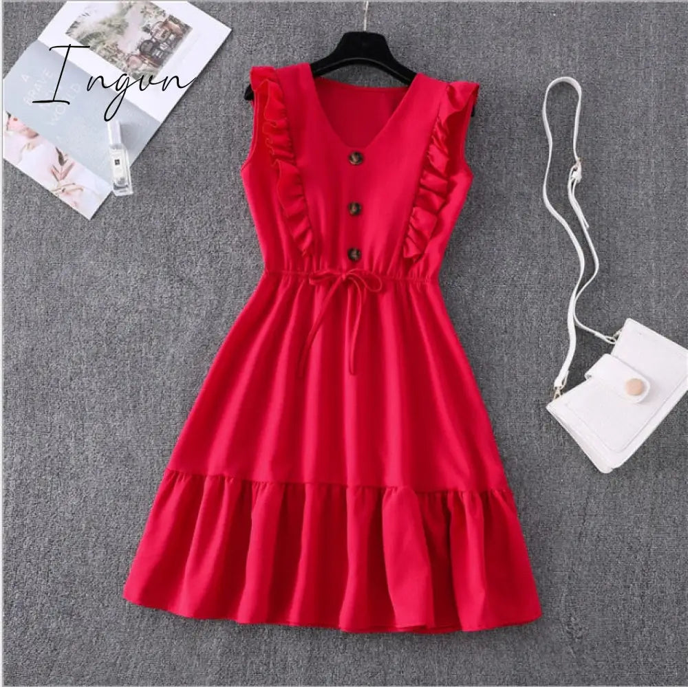 Ingvn - Women Summer Dress Casual Boho Beach Ruffles Mini Dress Party Sexy V-Neck High Waist Female Dresses