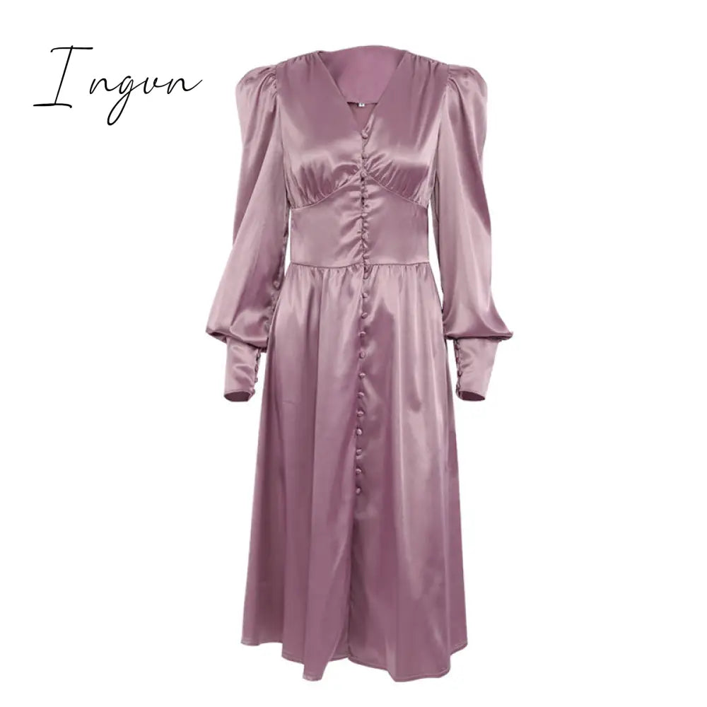 Ingvn - Elegant spring satin bishop sleeve a-line dress women V-neck high waist button dress solid Vintage long dresses chic