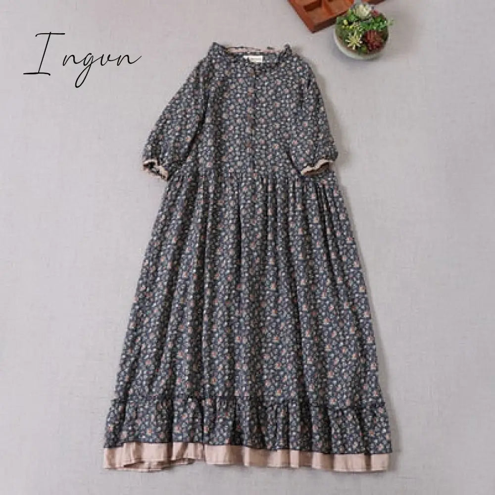 Ingvn - Japanese Mori girl art print dress autumn new floral  dress loose long-sleeved  dress