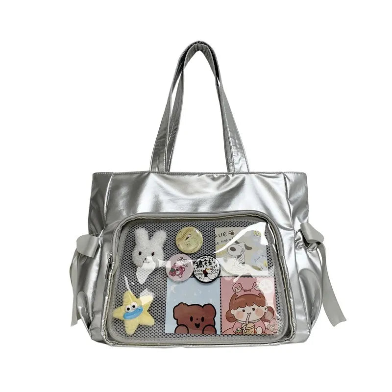 Ingvn  Sweet Ribbon Satin Bow Tote Bag Ballet Style Original Comic Handbag Beautiful Double Large Capacity Student Shoulder Bag