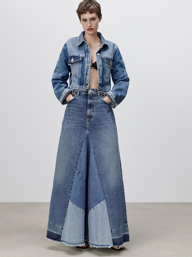 Voguable  denim skirt  spring new women's clothing Versatile fashion high waist contrast color patchwork casual denim skirt series