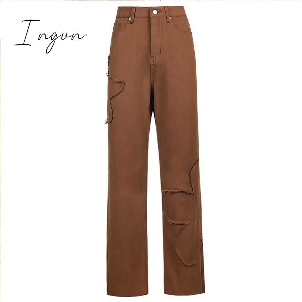 Ingvn - Womens Fashion Trends Pockets Patchwork Baggy Jeans Fashion Streetwear 100% Cotton Women Denim Trouser Loose Cargo Pants Korean Jeans Harajuku