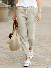 Ingvn - Summer Capri Pants Pockets Drawstring Casual Pants