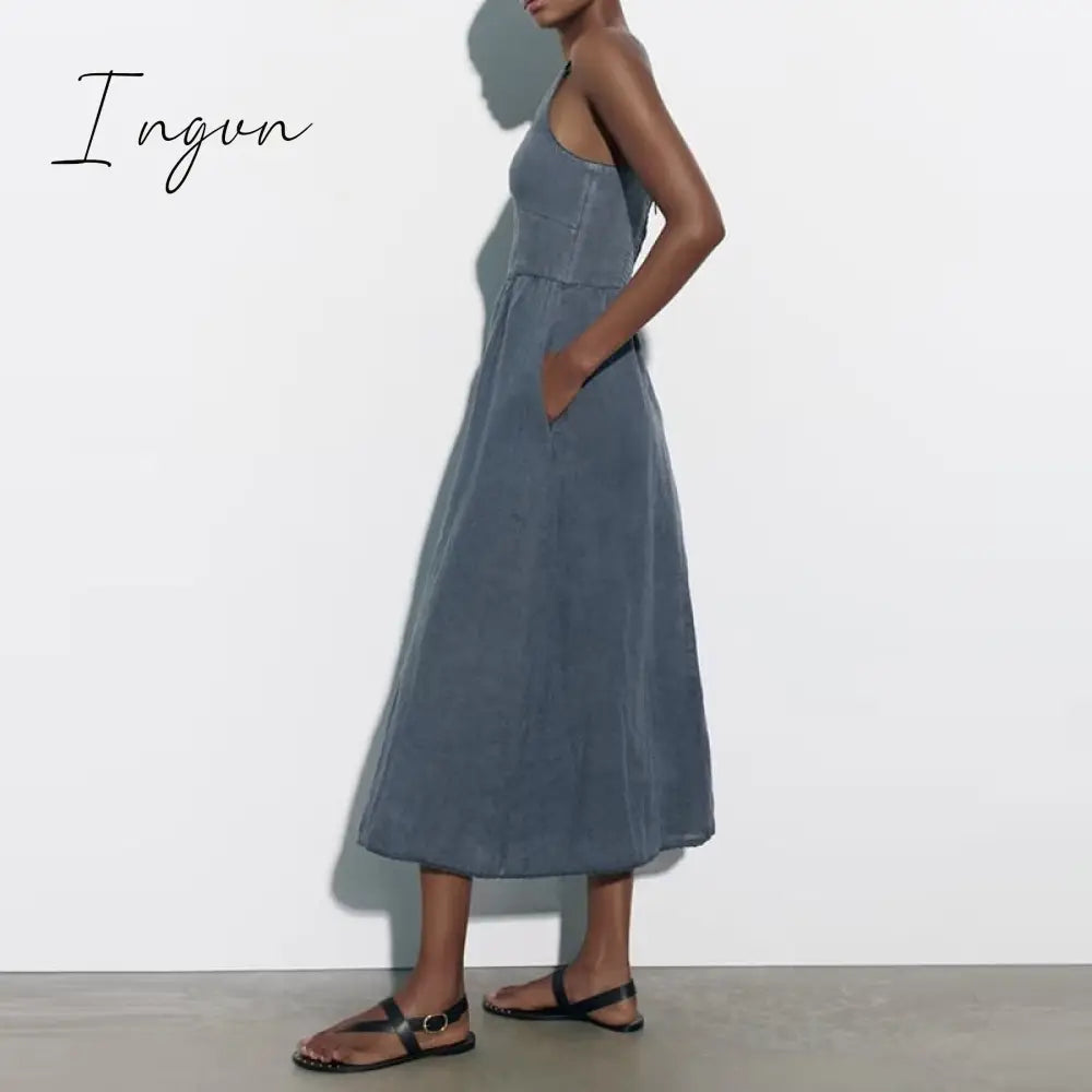 Ingvn - Long Dress Woman Solid Linen Sleeveless Frilly Dresses Woman Summer Party Dress Female 2023 Midi Dresses