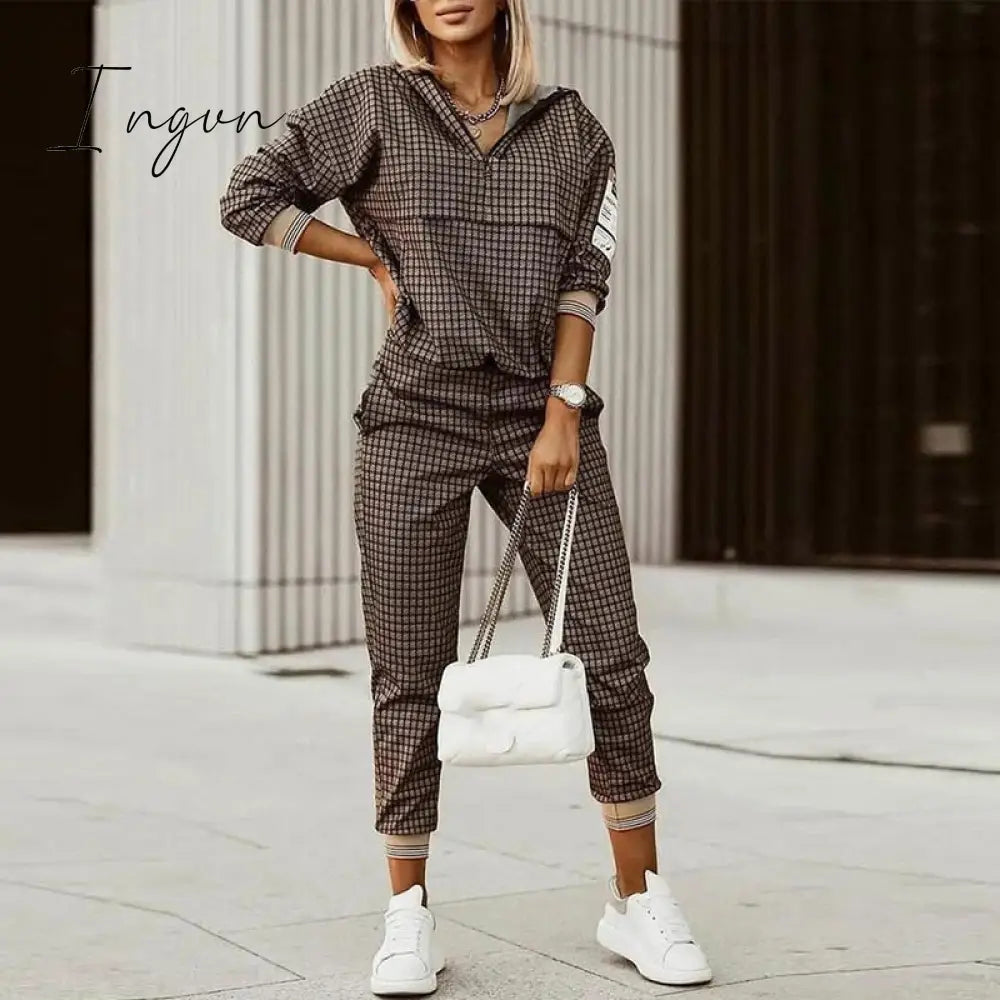 Ingvn - Spring Autumn Women Fashion Print Splicing Tracksuits Two Piece Sets Female Casual Long Sleeve V Neck Top Jogging Pant Suit