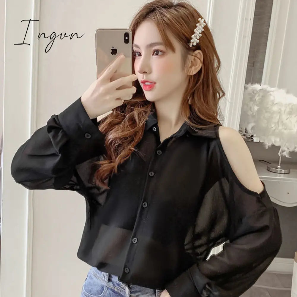 Ingvn - Beading Women's Elegant Blouse Office Outfits Feminine Shirts Off The Shoulder Long Sleeve Top Korean Fashion Designer New