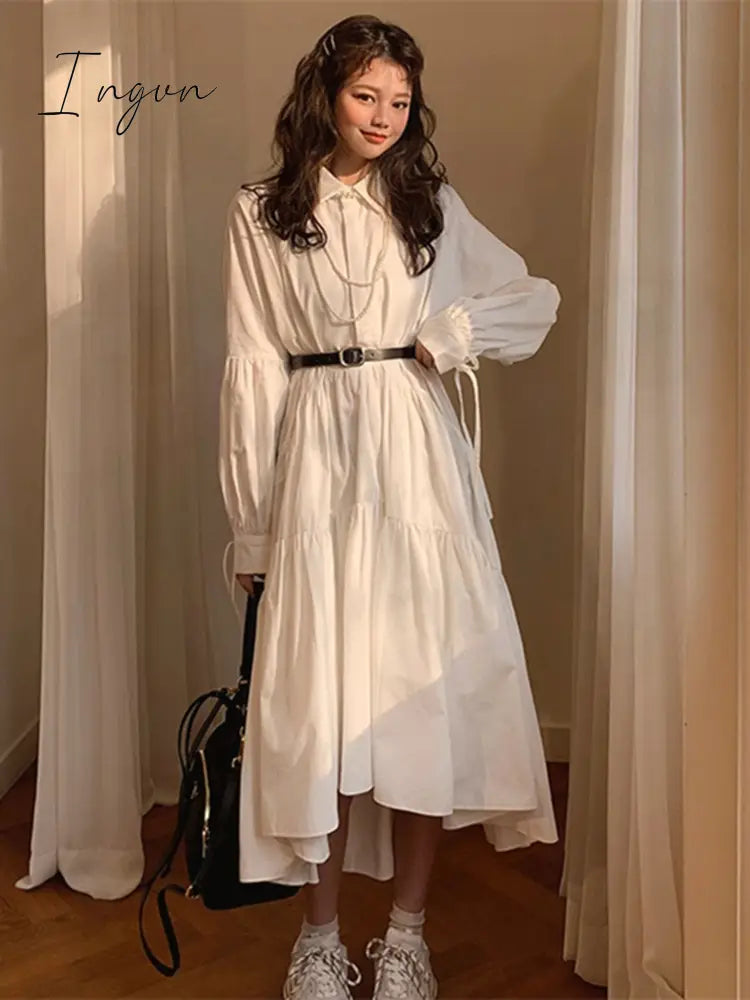 Ingvn - Women Dress Long Sleeve Spring Autumn Vintage Designer Collar Lapel Button Up Ruched Ruffles Cotton White Dresses Female Clothes