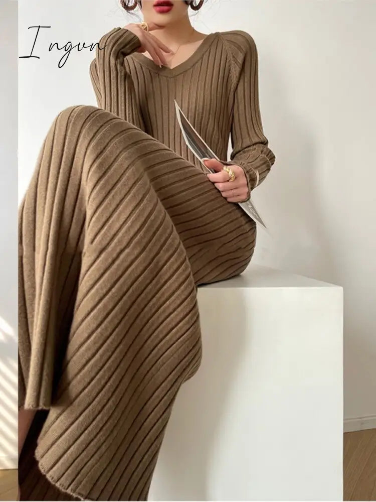 Ingvn - Winter Base Clothes 2023 Autumn New Bodycon Knitted Midi Dress Women Fashion Korean Warm Long Sweater Vestidos Female Elegant
