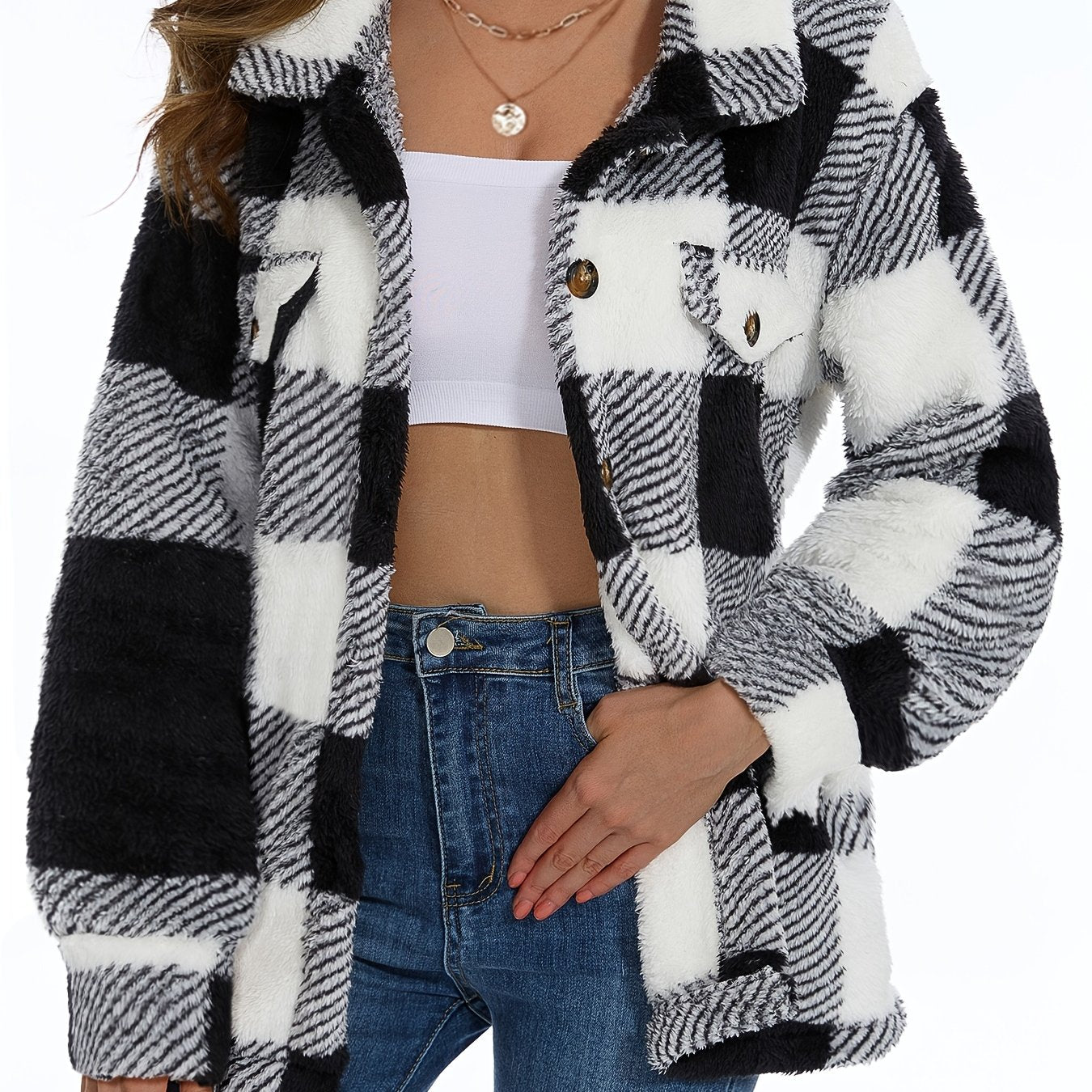 Stylish Plaid Teddy Coat - Women's Casual Jackets with Long Sleeves, Thermal Insulation, and Versatile Button Front Design for Winter Outwear - Soft, Warm, and Cozy