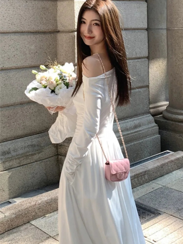 Elegant Evening Party White Dress Women Korean Off Shoulder Long Sleeve Birthday A-Line Robe Autumn Streetwear Corset Clothes