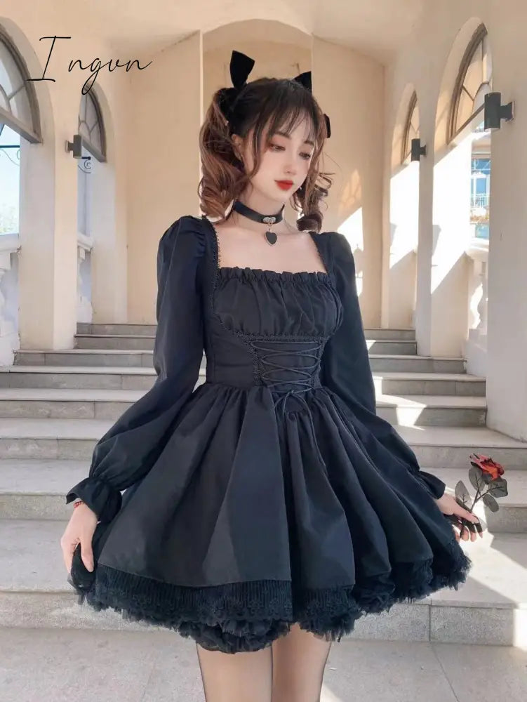 Ingvn - Womens New Trends White Lolita Dress Kawaii Vinatge Long Sleeve Mini Dresses Black Gothic Bandage Lace Patchwork Streetwear Square Collar