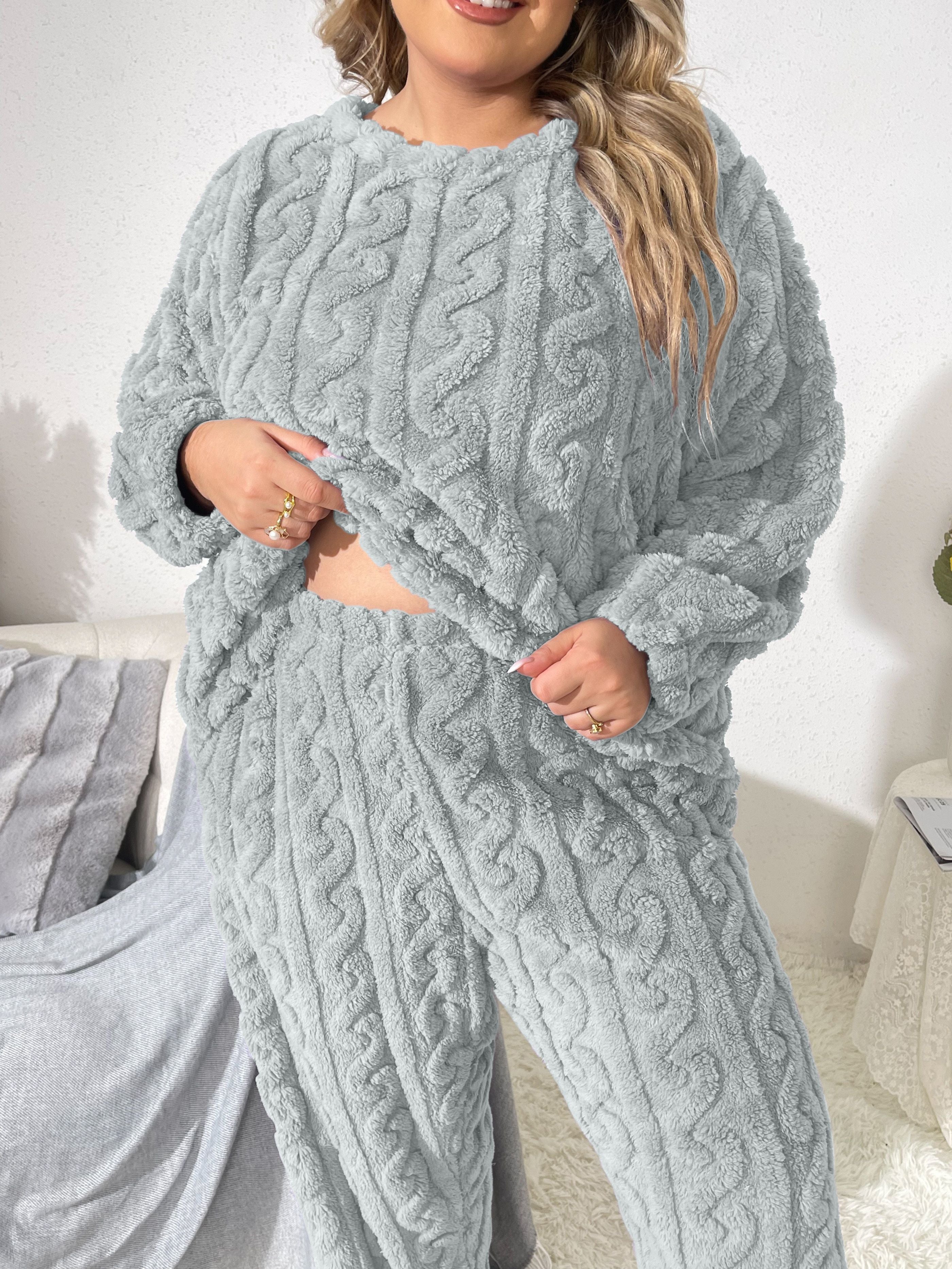 Plus Size Casual Pajamas Set, Women's Plus Solid Textured Long Sleeve Round Neck Warm Flannelette & Joggers Loungewear Two Piece Set