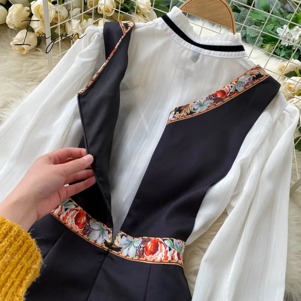 Ingvn - Spring Autumn Elegant 2 Piece Set Overalls Dress Women Bow Collar White Shirt Top+ Irregular Flower Print V-Neck Vest Dress