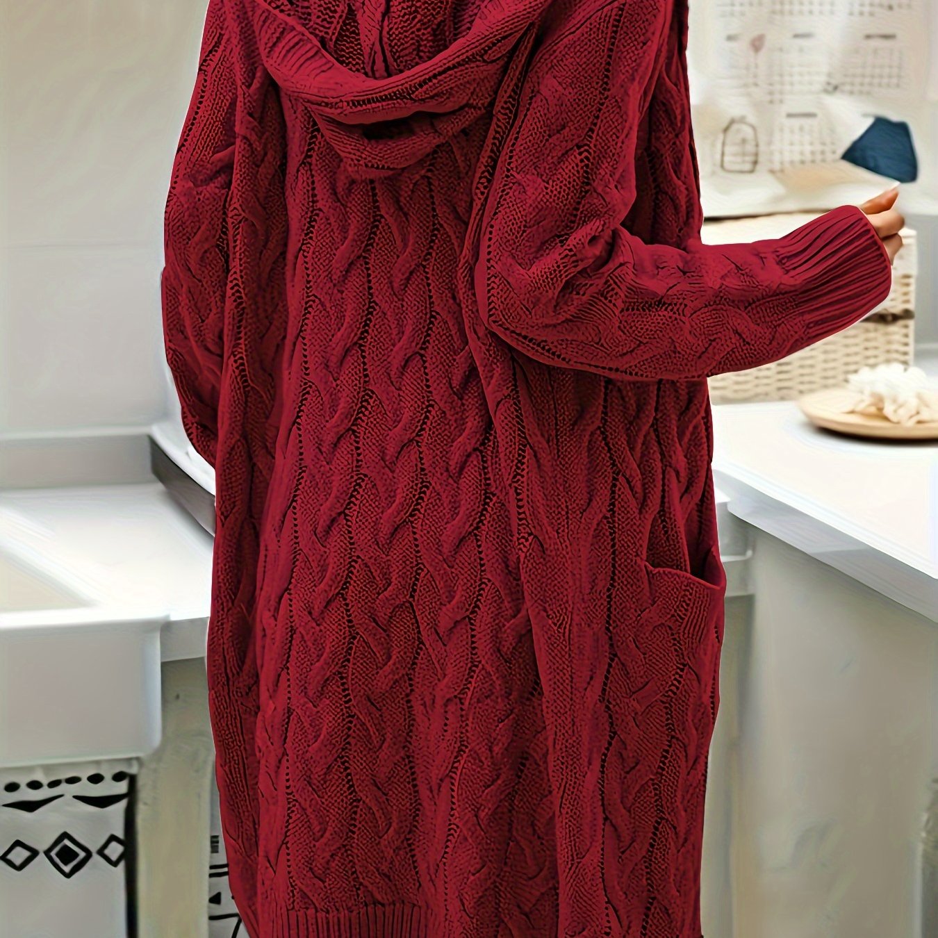 Solid Open Front Cable Knit Hooded Cardigan, Casual Long Sleeve Mid Length Sweater With Pocket, Women's Clothing