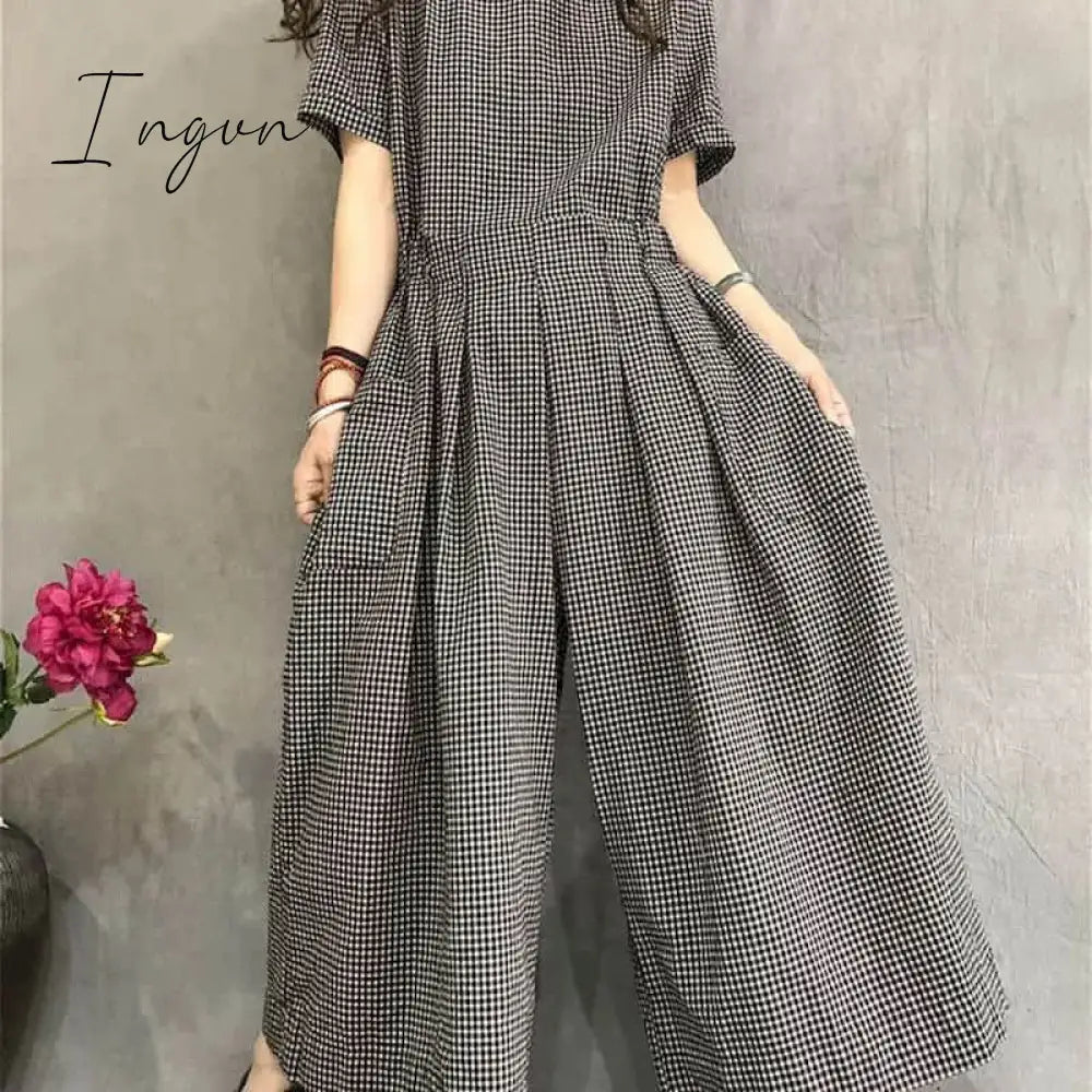 Ingvn - Jumpsuits Women Cotton Linen Short Sleeve Playsuits One Piece Outfit Women Lace-up High Waist Wide Leg Pants Overalls for Women