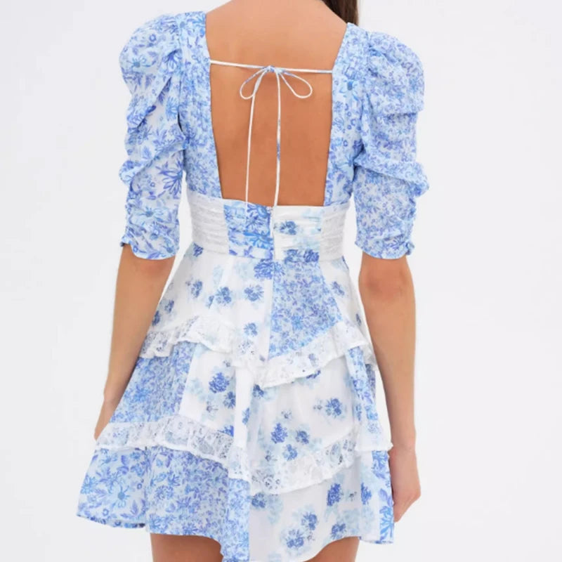 Lace Spliced Blue Floral Print Summer Dress Women Sexy Backless V Neck A-line Mini Dresses Holiday Vestido Boho Robe