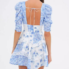 Lace Spliced Blue Floral Print Summer Dress Women Sexy Backless V Neck A-line Mini Dresses Holiday Vestido Boho Robe