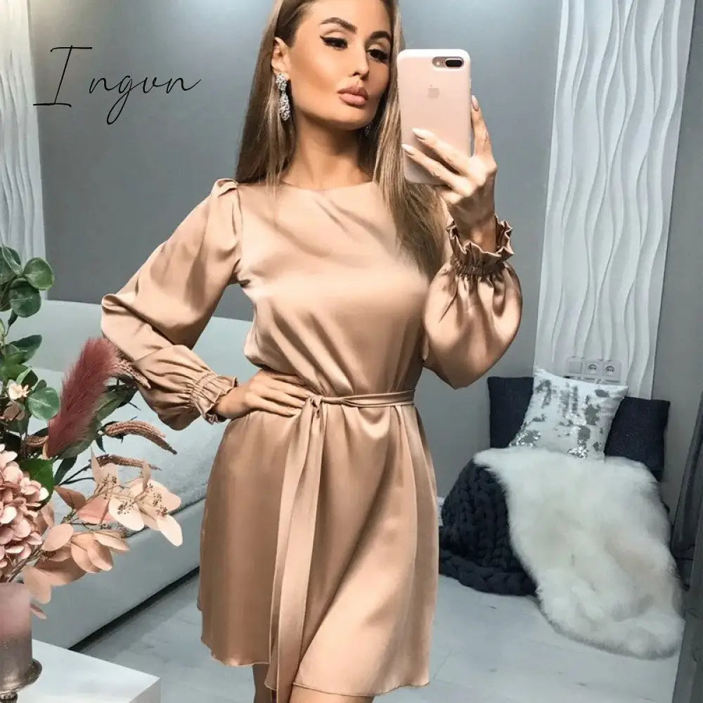 Ingvn - Elegant Vintage Sashes Satin A-line Dress Women Autumn New Lantern Sleeve O Neck Solid Casual Party Vestidos Fashion Robes