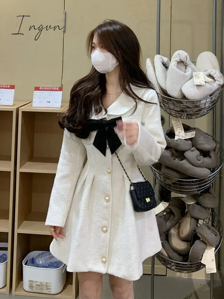 Ingvn - Fall Fashion Sweet Kawaii Lolita White Dress Women Japanese Soft Peter Pan Collar Cute Short Dresses Elegant Autumn Bow