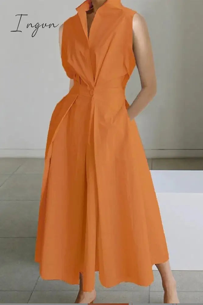 Ingvn - Casual Simplicity Solid Pocket Fold V Neck Shirt Dresses