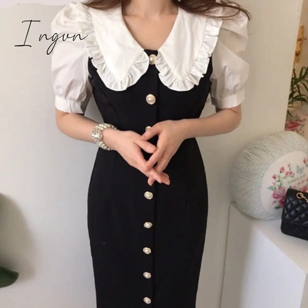 Ingvn - Summer Outfits Dress Women Fashion Peter Pan Collar Puff Sleeve Single Breasted Slim Long Vestidos Korean Chic Robe Elegant Female