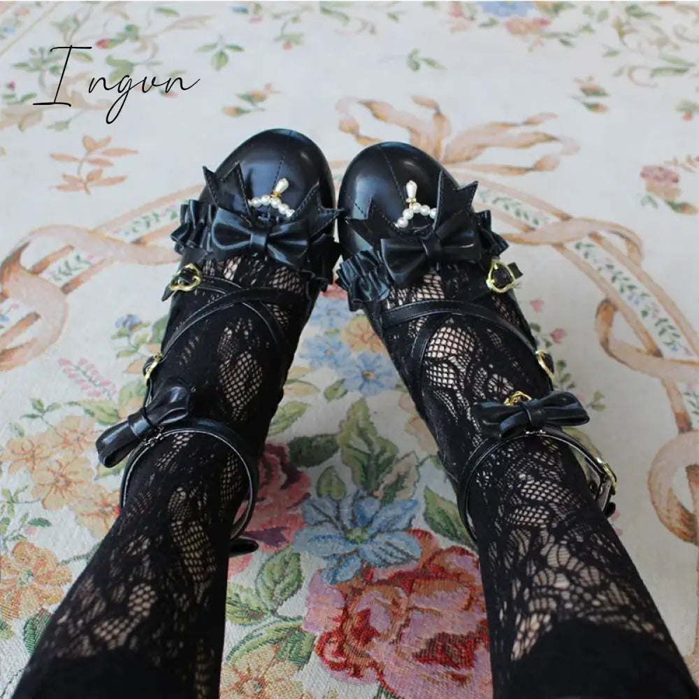 Ingvn - Sweet Lolita Shoes Vintage Round Head Middle Heel 3-5cm Women Shoes Cute Bowknot Cross Bandage Kawaii Shoes Loli  Kawaii Girl