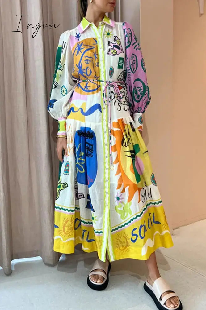 Ingvn - Bohemian Elegant Print Contrast Turndown Collar A Line Dresses