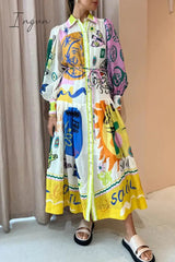 Ingvn - Bohemian Elegant Print Contrast Turndown Collar A Line Dresses