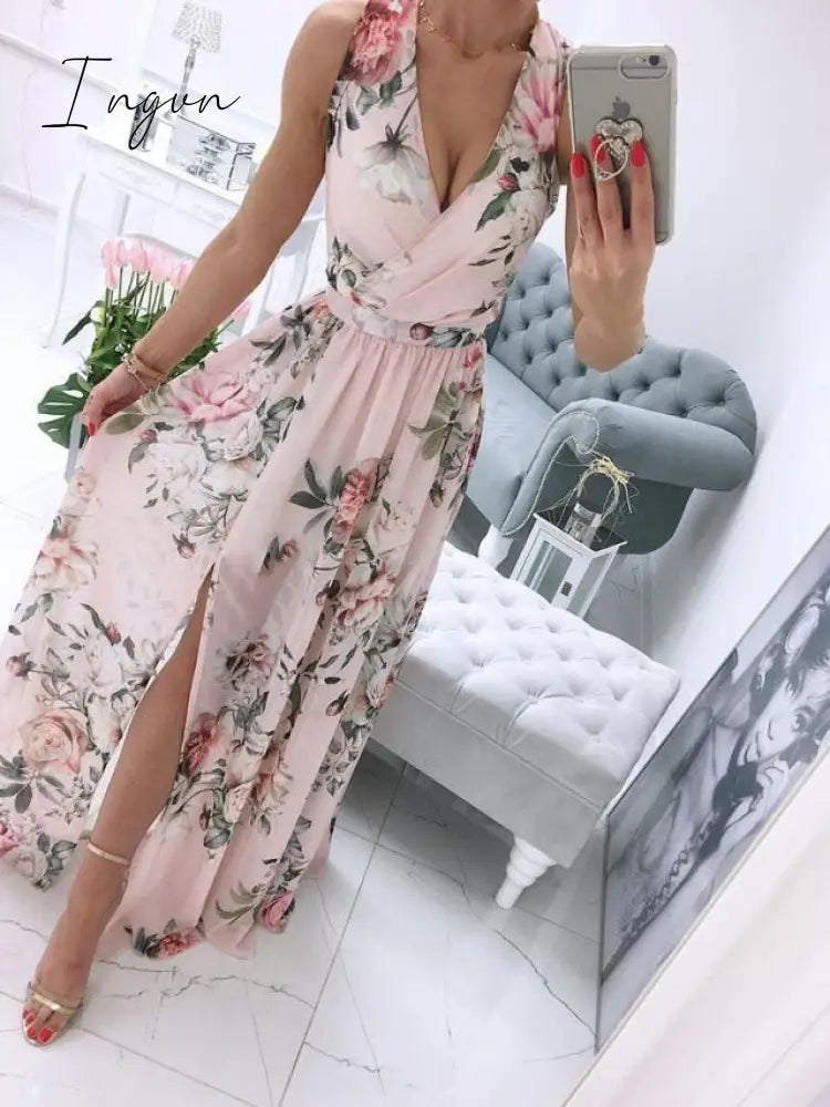 Ingvn - Sexy Long Evening Dress Elegant Dress For Women V-neck Side Split Party Dresses Female Summer Fashion Casual Club Ladies Clothes