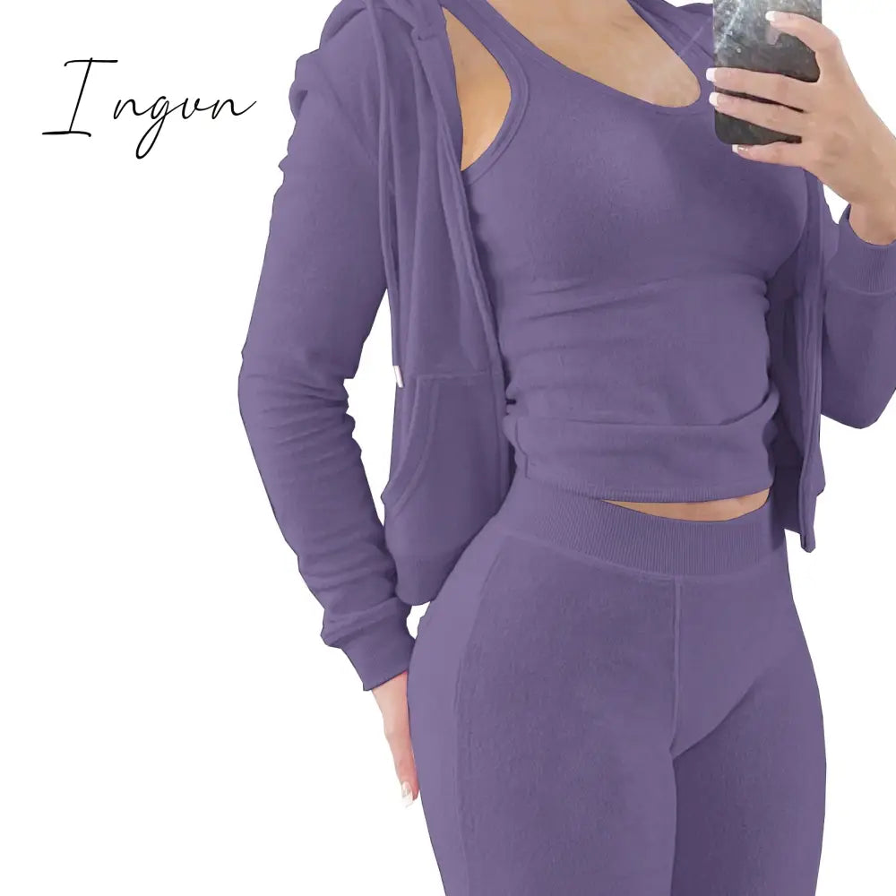 Ingvn - Double Face Fleece Three Piece Set Woman Long Sleeve Vest Hooded Drawstring Sweatpants Winter Sports Jogger Outfits