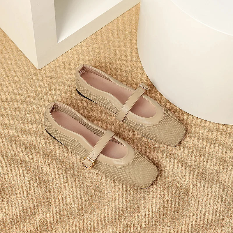 Fashion Square Toe Mesh Ballet Flats Buckle Strap Mary Janes Breathable Hollow Out Single Shoes Female Flat Bottom Casual Shoes