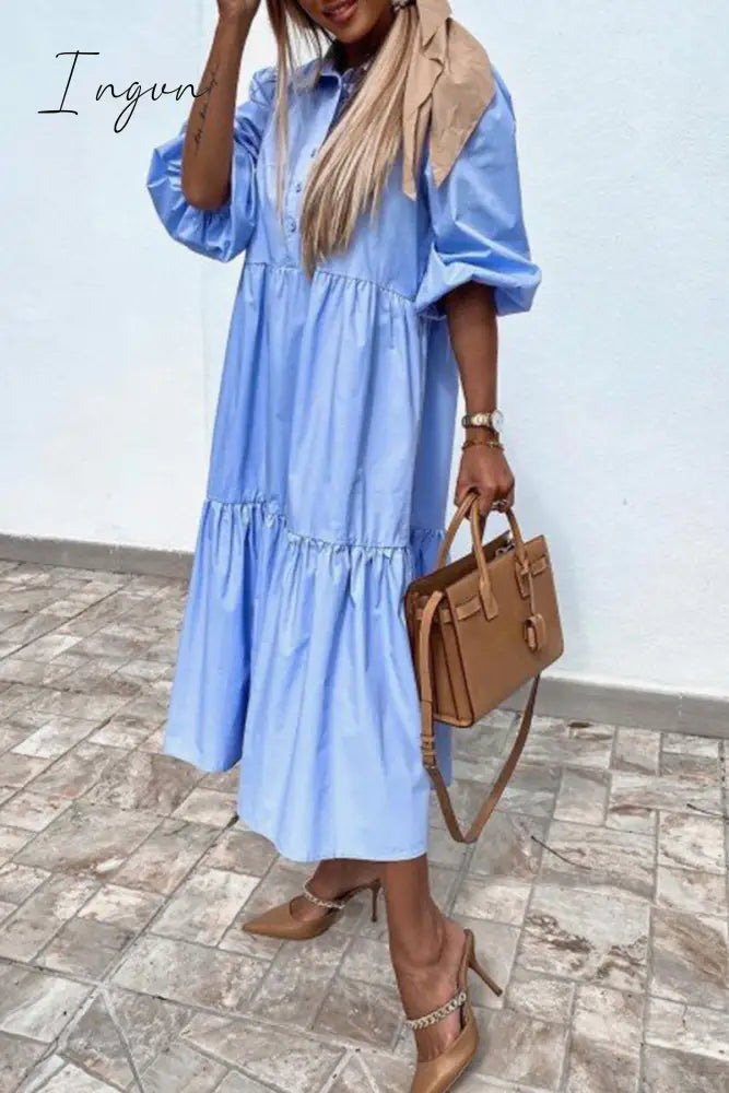 Ingvn - Fashion Street Solid Patchwork Turndown Collar Princess Dresses(3 Colors)