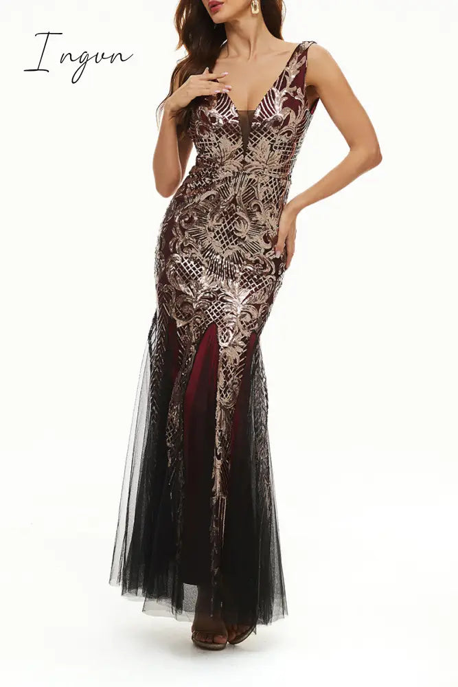 Ingvn - Elegant College Patchwork Sequins V Neck Evening Dress Dresses