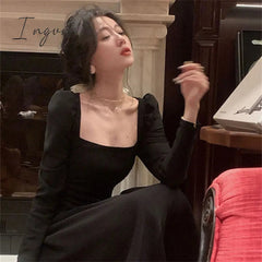 Ingvn - Women Long Sleeve Square Collar White Wedding Dresses Autumn Lady Korean Fashion Elegant Evening Party Vestidos Prom Dress